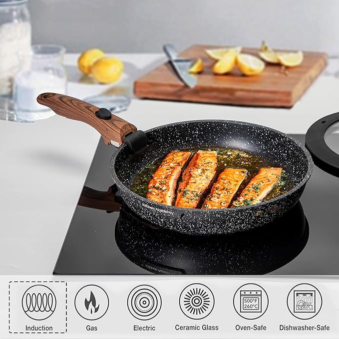 Kitchen Academy Removable Handle Induction Pots and Pans Set - 10 Piece Non-stick Cookware Sets, Black Granite Stackable RV Cookware for Camp