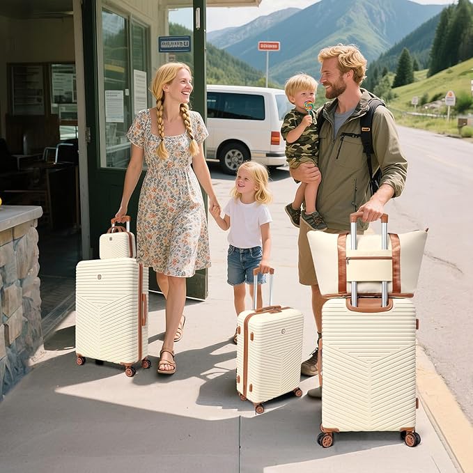 Hoteel 4 Piece Luggage Set (4-YEAR WARRANTY) Carry on ABS+PC Hard Shell Suitcase with Spinner Wheels & TSA Lock (Beige)