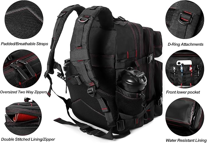 LHI Military Tactical Backpack for Men and Women 45L Army 3 Days Assault Pack Bag Large Rucksack with Molle System - Black With Red Line