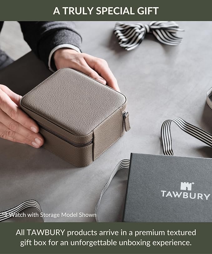 TAWBURY Luxury Leather Watch Box - Unisex Travel Case With Zipper Closure | Taupe Top-Grain Genuine Leather Roll | 3 Watch Carrying Case for Men