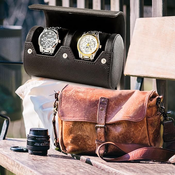 MR.OKAY 2 Watch Travel Case- Classic Leather Watch Case With Perfect Texture.Portable Watch Roll Or Organizer For Storage And Display. Luxury Gifts For Men, All Handmade by Artisans.