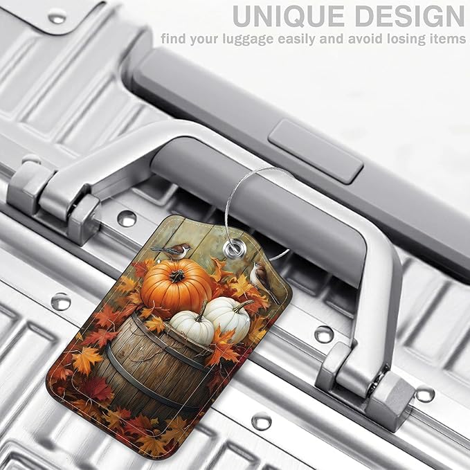 Autumn Pumpkin and Bird Set of 2 Luggage Tags for Suitcases Fallen Leaves Leather Suitcase Tags Identifiers with Privacy Name Label and Stainless Steel Loop for Women Men Travel Luggage Accessories