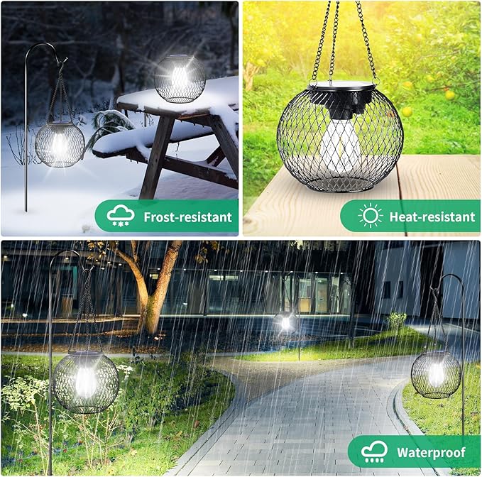 UBright Solar Lantern Lights Outdoor Waterproof Metal Hanging Solar Lights for Outside Outdoor Lanterns Decorative for Garden Yard Patio 2 Pack,Cool White