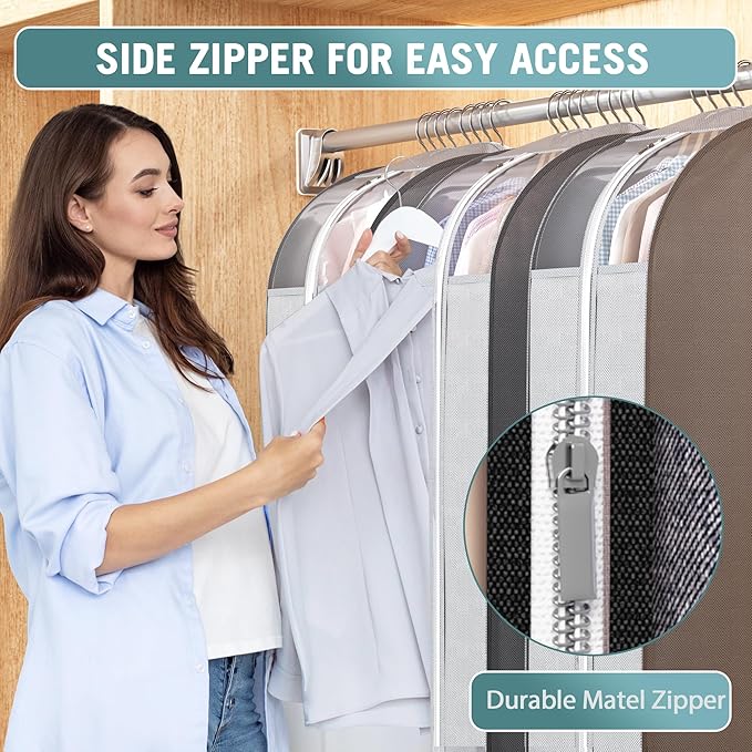 10" Gusseted Garment Bags for Hanging Clothes with Clear Window 50" Suit Bags for Open Closet Storage, Clothing Cover for Coat, Dress, Jacket, Shirt, Fur Wardrobe Protector, 3 Packs
