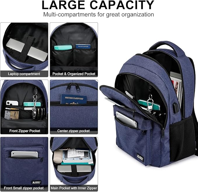 School Backpack for Teen Boys, 17.3 Inch Laptop, USB Charging Port, Anti-Theft & Water-Resistant College Bookbag, Durable Student Backpack for High School and University, Blue