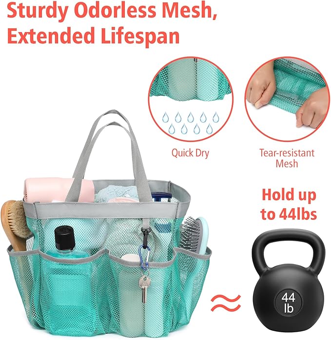 F-color Mesh Shower Caddy Portable, Upgrade Deeper 7 Pockets Shower Bag Basket Bag for College Dorm Room Toiletry Bathroom Essentials Gym Camp Quick Dry 2 handles with S Hook, Mint Green