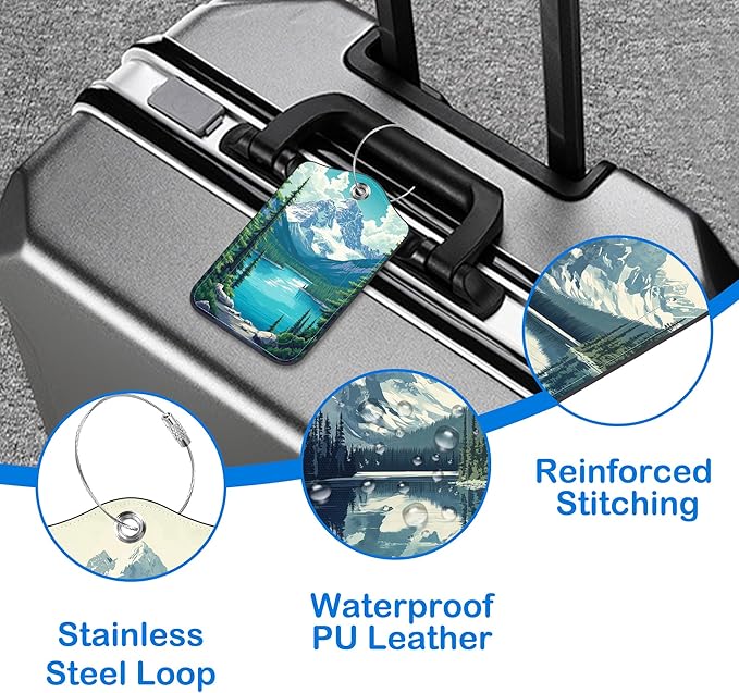 Snow Mountain Lake Forest Luggage Tags for Suitcases Leather Travel Tags for Luggage ID Label with Privacy Cover and Stainless Steel Loop for Men Women Suitcase Backpack, Set of 2