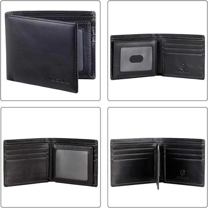 VISOUL Leather Mens Bifold RFID Blocking Wallet with 2 ID Windows, Leather Wallet for Men (Leather, Black)