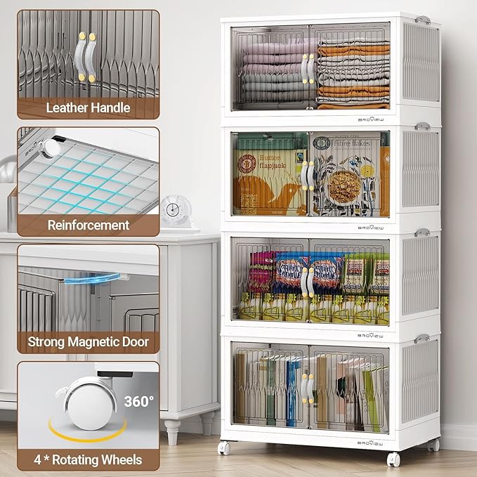 BROVIEW 500Qt Stackable Storage Bins with Lid, Extra Large Closet Organizer Collapsible Drawer Boxes with Wheels, Folding Plastic Cabinet Containers for Home Kitchen Room Organization, 5Pack White