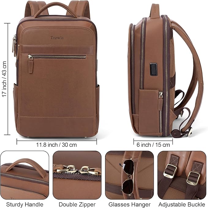 Tzowla Leather Laptop Backpack, Bag for Men and Women,Business Travel Work Rucksack Fits 15.6 Inch Laptop,Bookbag with USB and Type-C Charging Port-Black