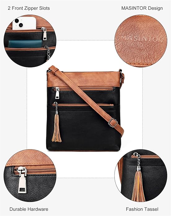 MASINTOR Crossbody Purses for Women, Multi Pocket Casual Crossbody Bag, Adjustable Strap Shoulder Bag with Tassel