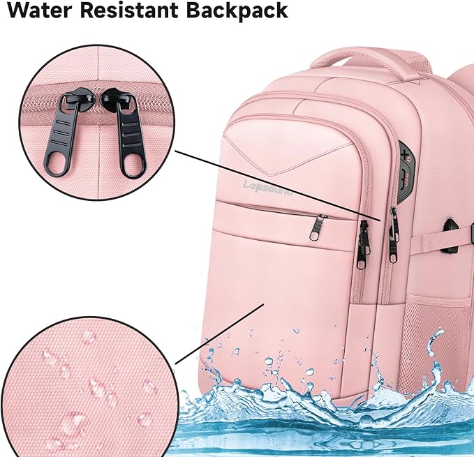 Lapsouno Large Backpack for Women, TSA 17.3 Inch Travel Laptop Backpack with USB Port, College School Business Backpack, Light Pink