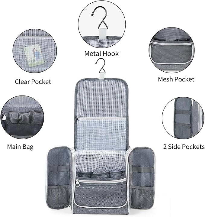 Della Gao Travel Hanging Toiletry Bag for Men and Women, Large Capacity Cosmetics Bag Makeup Bag Organizer, Bathroom Bag, Water-Resistant Nylon, Grey