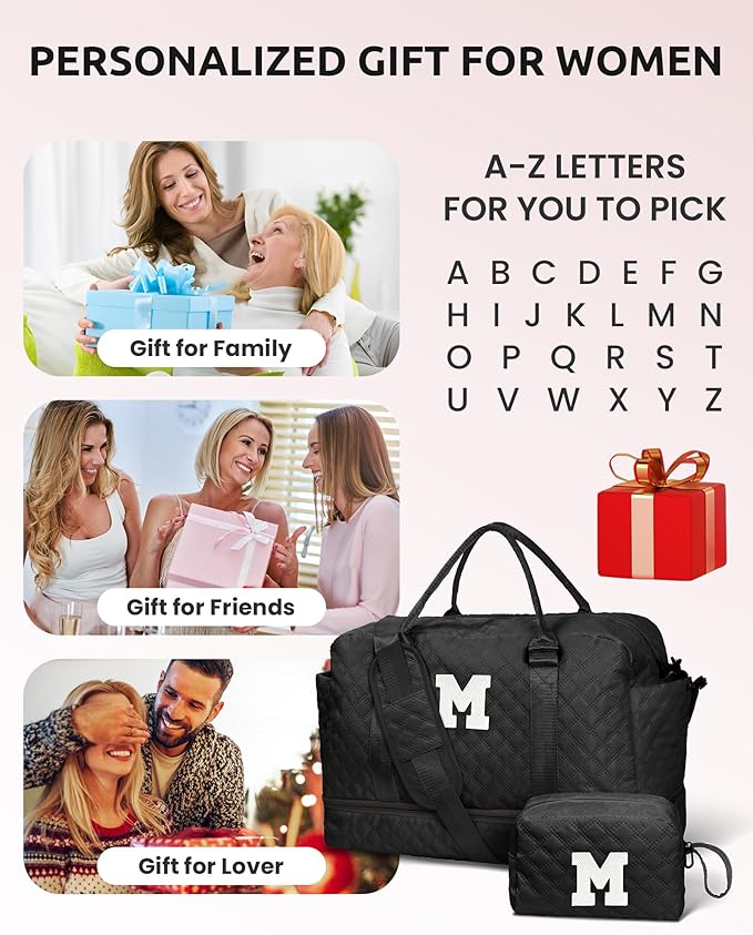 Gifts for Teen-Girls-Initial Duffle Bag with Shoe Compartment, Personalized Weekender Bag, Monogram Overnight Bag, Travel Bag with Makeup Bag，Birthday Gift Graduate Gifts for Her (Letter H)