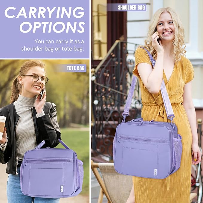 NOL Kids Lunch Bag -Kids 3+ Reusable Insulated Lunch Box with Zipper Closure Buckle Handle Adjustable Long Shoulder Strap, Easy-Clean Waterproof Fabric, Children Lunch Tote Bag for School-Light purple