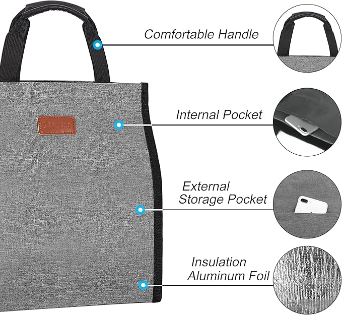 Lunch Bags for Women Insulated Reusable Lunch Tote with Internal Pocket, Lunch Tote bag for Work (Grey)
