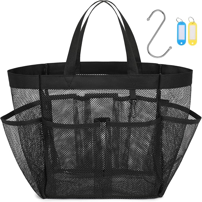 F-color Mesh Shower Caddy Portable with 2 Pack Name Tags, Upgrade Deeper 7 Pockets Shower Bag Tote for College Dorm Room Toiletry Bathroom Essentials Gym Camp Quick Dry 2 handles with S Hook, Black