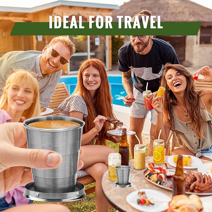 2 Pcs Stainless Steel Collapsible Cup, Foldable Cup with Lid and Keychain, Collapsible Cups for Traveling, Camping, Hiking, Biking and Daily Use (Middle)