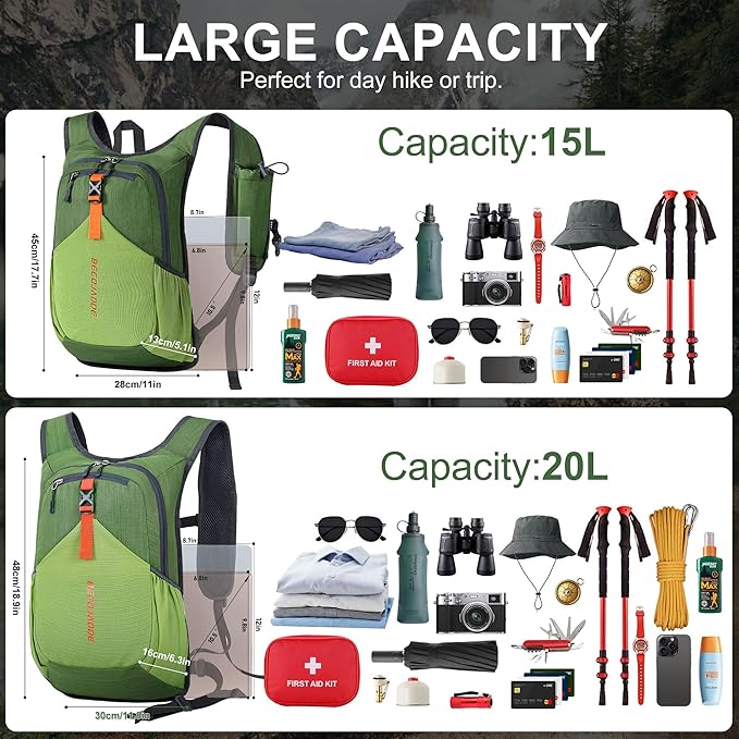 15L Small Hiking Backpack for Men Women Foldable Packable Back Pack Ultralight Hiking Daypack for Travel Camping Outdoor, Olive Green
