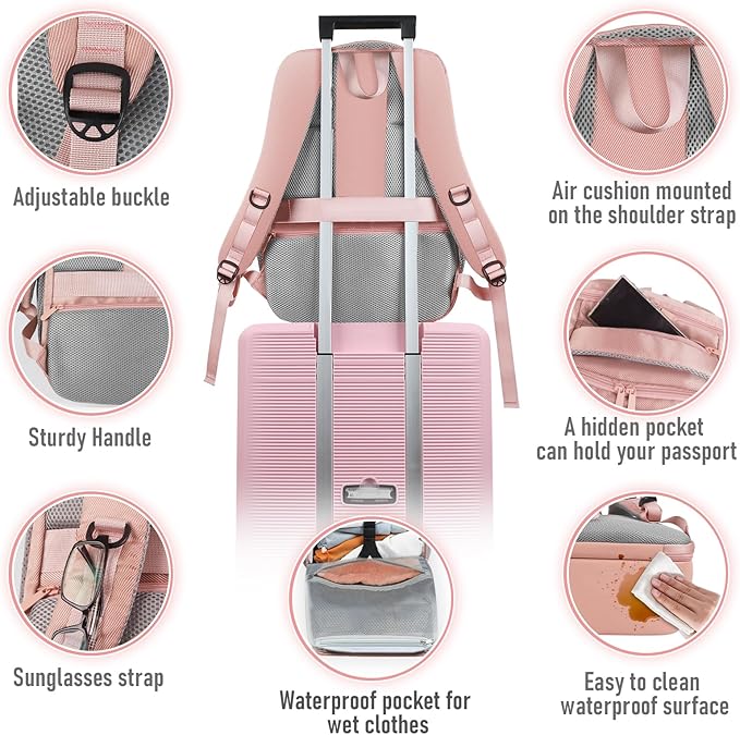 Travel Backpack, Business Anti Theft Slim Sturdy Laptops Backpack with USB Charging Port, Water Resistant College School Laptop Bag for Men & Women Fits 15.6 Inch Notebook,Pink