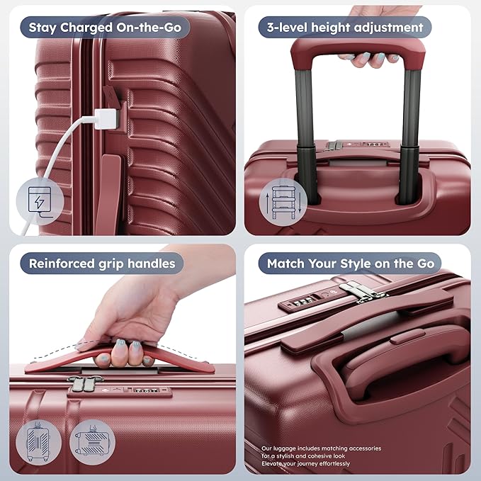 ALPHA CAMP 20-inch Carry On Luggage Airline Approved - PC+ABS Lightweight Suitcase with Built-in TSA Lock，Hard-shell Durable Rolling Luggage with USB Port