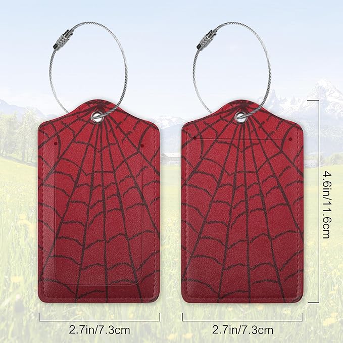 2 Pack Leather Luggage Tag for Suitcase Spider Web Cool Red Black Unique Travel Tags with Privacy Cover ID Label & Stainless Steel Loop for Men and Women Baggage
