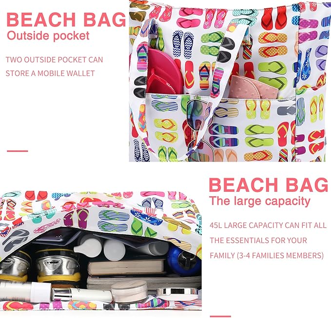 LEDAOU Large Beach Tote Bag Women Waterproof Sandproof Zipper Beach Tote Bag for Pool Gym Grocery Travel with Wet Pocket