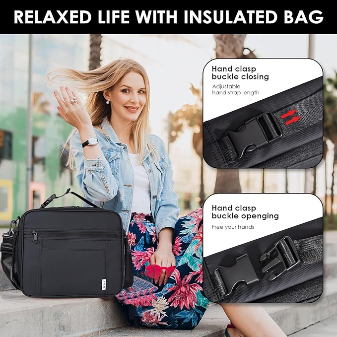 NOL Kids Lunch Bag - Kids 3+ Reusable Insulated Lunch Box with Zipper Closure Buckle Handle Adjustable Long Shoulder Strap, Easy-Clean Waterproof Fabric, Children Lunch Tote Bag for School-Black
