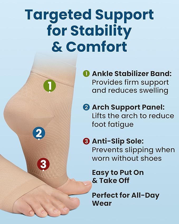 KEMFORD Ankle Compression Sleeve with Cooling Effect - Plantar Fasciitis Braces - Open Toe Compression Socks for Swelling, Sprain, Neuropathy, Arch Support for Men and Women - M, Beige