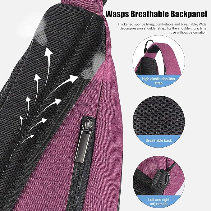 mixi Sling Bag Men Backpack Unisex One Shoulder Bag Hiking Travel Backpack Crossbody with USB Port for Men Women Versatile Casual Daypack-19 inch,Purple
