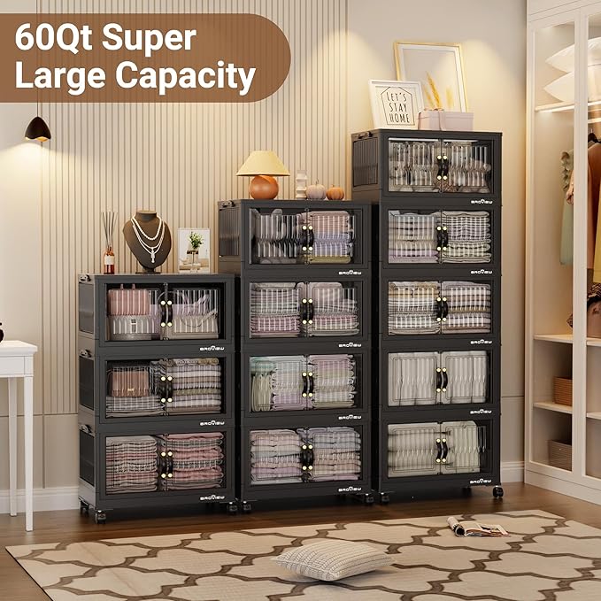 BROVIEW 240Qt Stackable Storage Bins with Lid, Extra Large Closet Organizer Collapsible Drawer Boxes with Wheels, Folding Plastic Cabinet Containers for Home Kitchen Room Organization, 4Pack Black