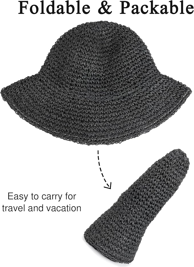 Womens Wide Brim Straw Sun Hat Foldable Floppy Crochet Beach Hat for Summer