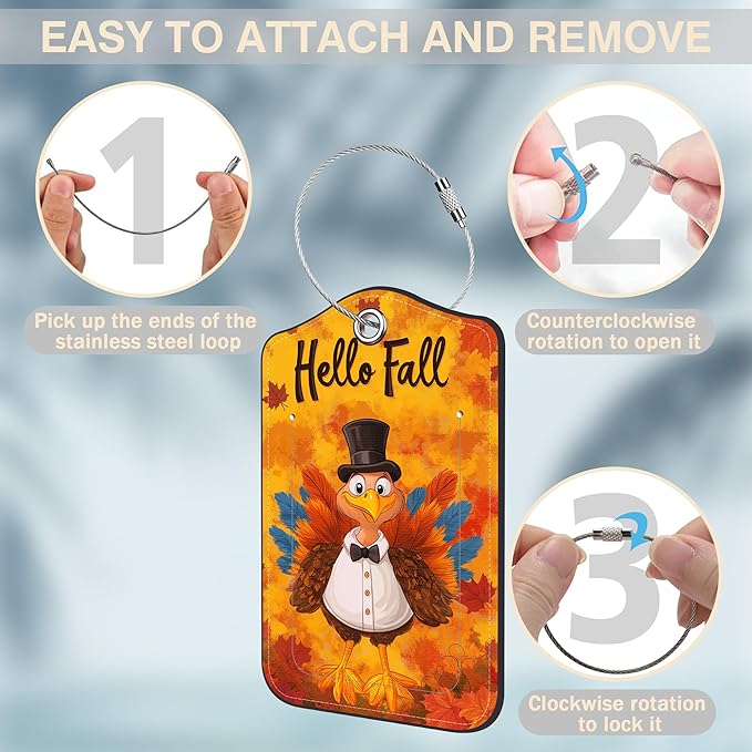 Hello Fall Turkey Set of 2 Luggage Tags for Suitcases Leather Suitcase Tags Identifiers with Privacy Name Address Label and Stainless Steel Loop for Women Men Travel Luggage Accessories