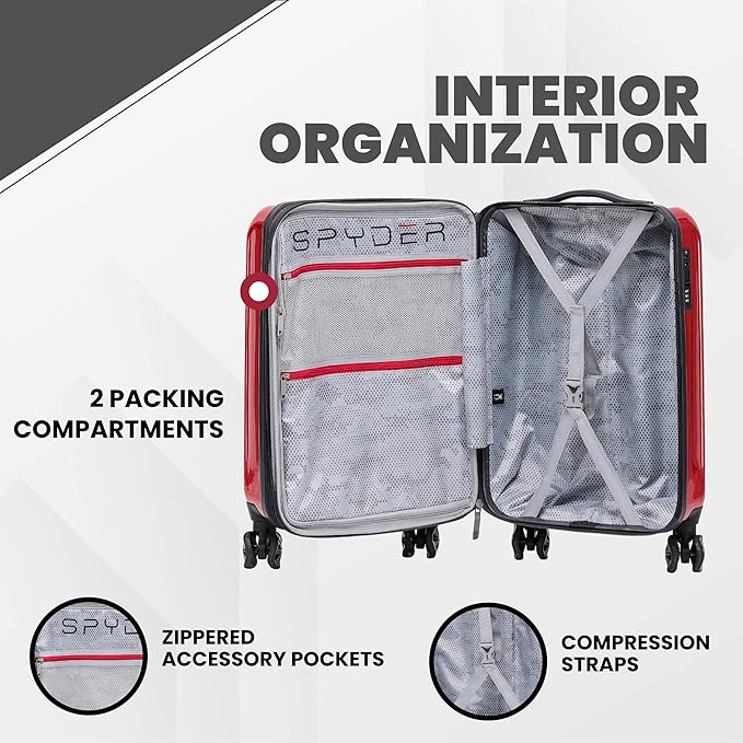 Spyder Rails 29 Inch Expandable Hardside Upright Suitcase with 360° Spinner Wheels, TSA Approved Lock, Red