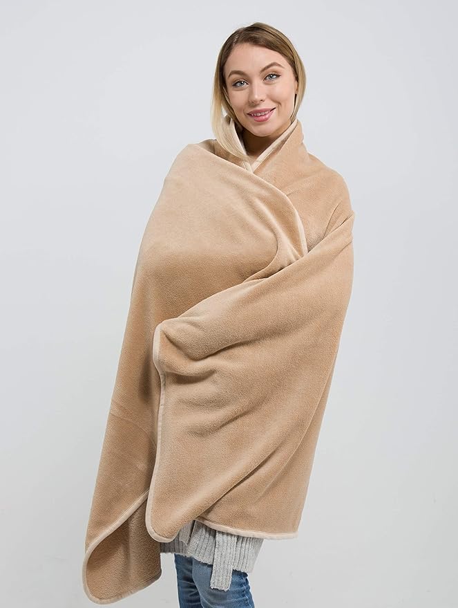 BlueHills Premium Soft Travel Blanket Pillow Airplane Blanket Packed in Soft Bag Pillowcase with Hand Luggage Belt Backpack Clip Compact Pack Large Portable Flight Throw Beige T005