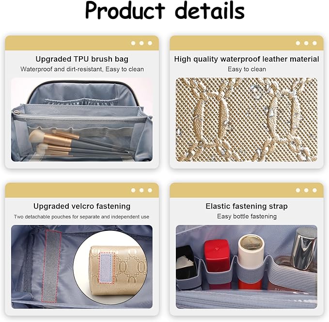 BOYATU Travel Makeup Bag for Women: Cosmetic Organizer Bag with Compartments - Leather Make up Bags Set of 3 (Gold Yellow)