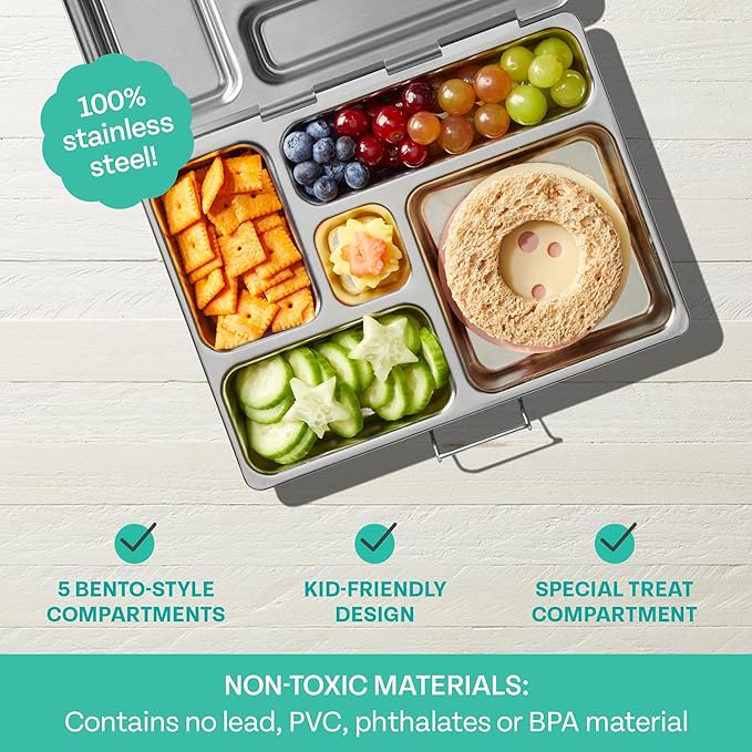 PlanetBox Rover Stainless Steel Bento Box Style Lunch Box for Kids with 5 Compartments – Durable, Dishwasher Safe & BPA-Free Food Container