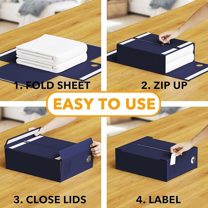 SpaceAid 3 Pack Bed Sheet Organizers and Storage, Foldable Sheet Organizer for Linen Closet, Sheets Set Folder Keeper with Window XL (Queen & King Size) Bedding Container (Navy Blue, 3 Pack)