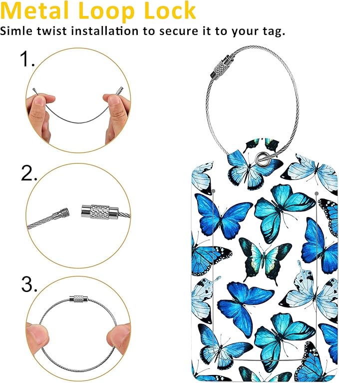 2 Pack Luggage Tag for Suitcase,Beautiful Blue Butterfly PU Leather Suitcase Tags Identifiers with Privacy Name Address Labels and Durable Steel Loop for Women Men Travel