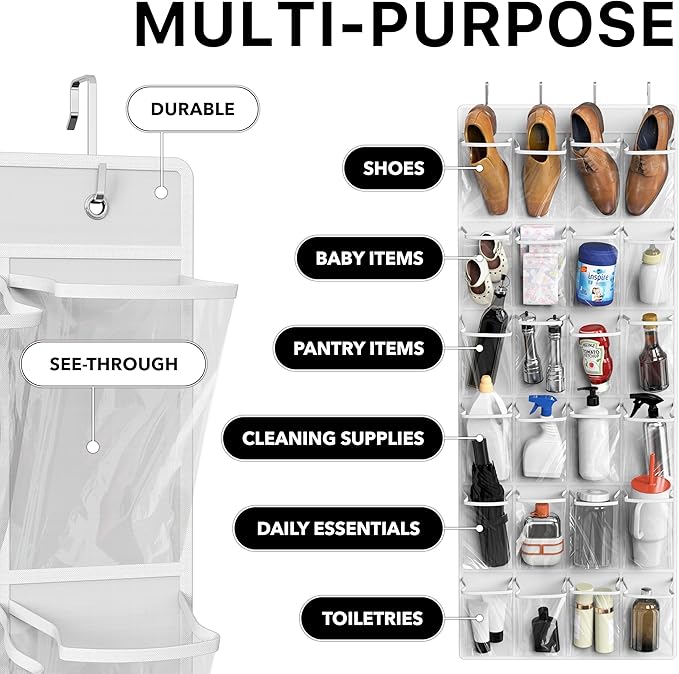 Simple Houseware 24 Pockets Large Clear Pockets Over The Door Hanging Shoe Organizer, White (56" x 22.5")