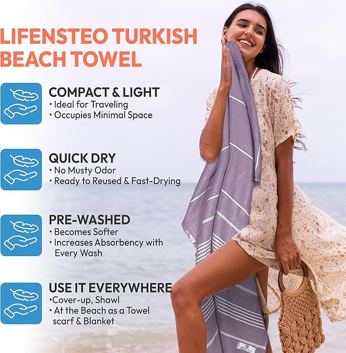 Turkish Beach Towel - 40x71 inch Oversized Sand Resistant Prewashed Turkish Towel - 100% Turkish Cotton Quick Drying, Compact, Lightweight Turkish Towel for Beach, Bath, Pool, Gym, Yoga.