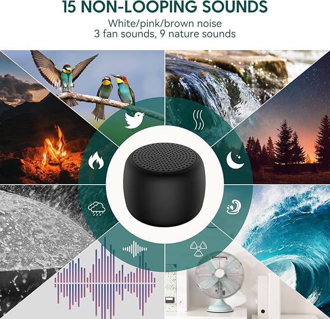 Babelio White Noise Sound Machine for Adults Kids Baby, Mini, 15 Non-looping Sounds, Timer, Memory Function, Easy to Pocket and Travel Black