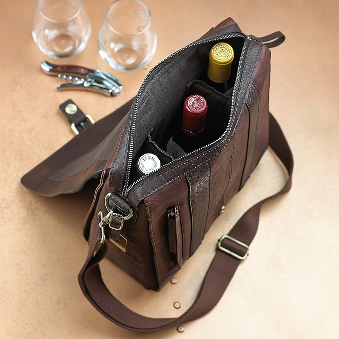 Wine Enthusiast 3-Bottle Leather Wine Tote Bag | Handcrafted Leather Wine Carrier with Dividers | Secure Buckle & Zipper Closure | Portable Wine Cooler Bag for Picnics, Travel & Parties | Wine Gifts