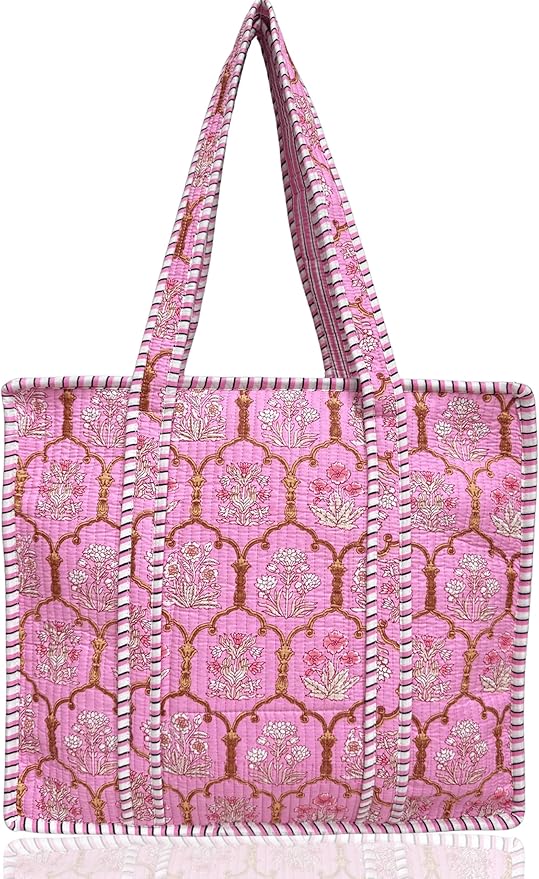 Cotton Quilted Tote Bag for Women – Large Beach & Travel Tote with Zipper, Reusable Grocery Bag