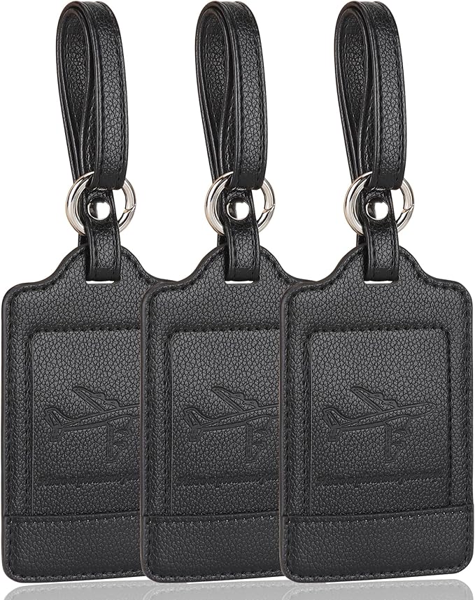 Teskyer Luggage Tags, 3 Pack Premium PU Leather Luggage Tags for Suitcases, Privacy Protection Travel Bag Tags, Lichee Black