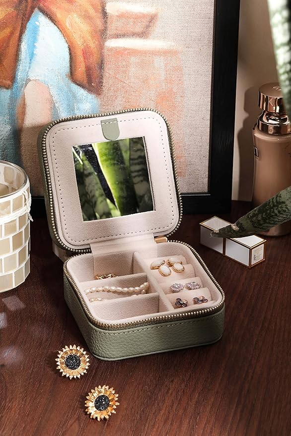 S.Leaf Travel Jewelry Organizer Travel Jewelry Boxes for Women Small Jewelry Travel Case Box Portable Travel Jewelry Case Travel Case Mini Jewelry (04_Lychee_Sage_Green)