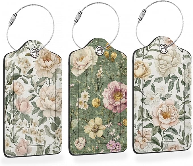 Vintage Peony Floral PU Leather Luggage Tags for Suitcase, Travel Cruise 3 Pack with Privacy Flap, Name ID Label and Metal Loop for Women Men Girls Baggage Bag Backpack