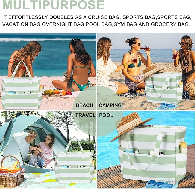 Waterproof Beach Tote Pool Bags for Women Ladies Extra Large Gym Tote Carry On Bag With Wet Compartment for Weekender Travel