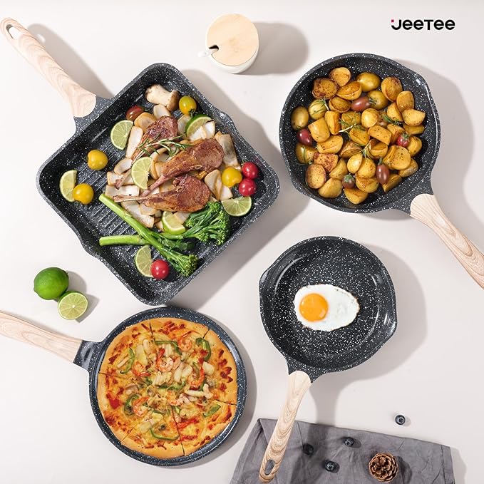 JEETEE 24Pcs Ceramic Cookware Set, Gray Pots and Pans Set Non Stick, Kitchen Healthy Non Toxic Induction Cookware Sets W/Saucepans, Sauté Pan, Griddle, Crepe Pan & Pancake Rake (PFAS,PFOA Free)