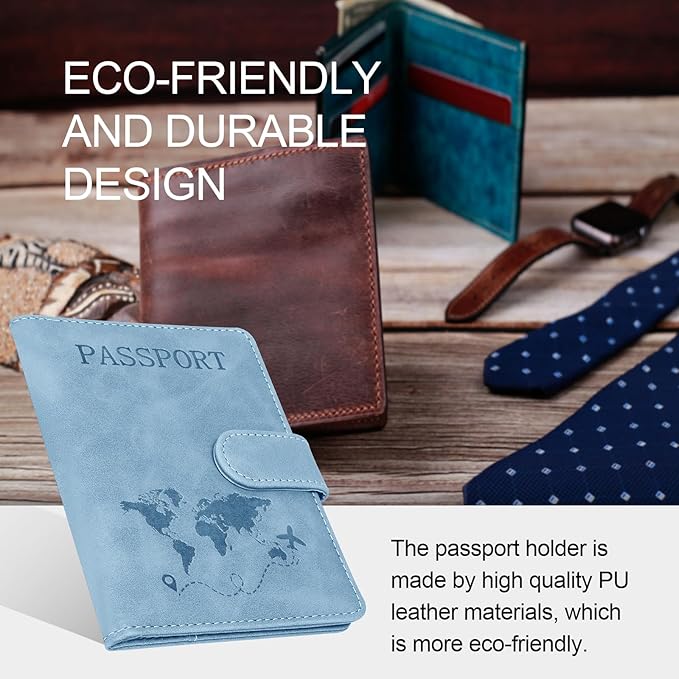 Passport Holders, RFID Blocking Credit Card Holder, PU Leather Vaccine Card Holders for Travel with Magnetic Buckle, Travel Must Haves Cruise Ship Essentials for Men, Women (Blue)